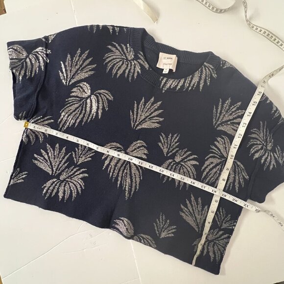 CINQ A SEPT 30% Wool Navy Metallic Palm Exposed Seam Short Sleeve Sweater Sz XS - Picture 9 of 9